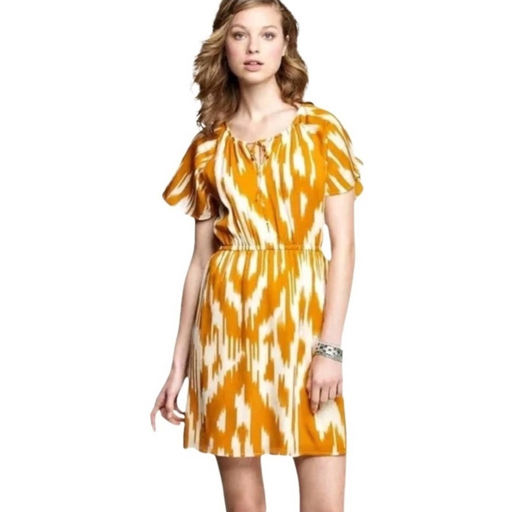 J.CREW 100% Silk Abstract Flutter SLV Drawstring Keyhole Caramel/Cream Dress 12